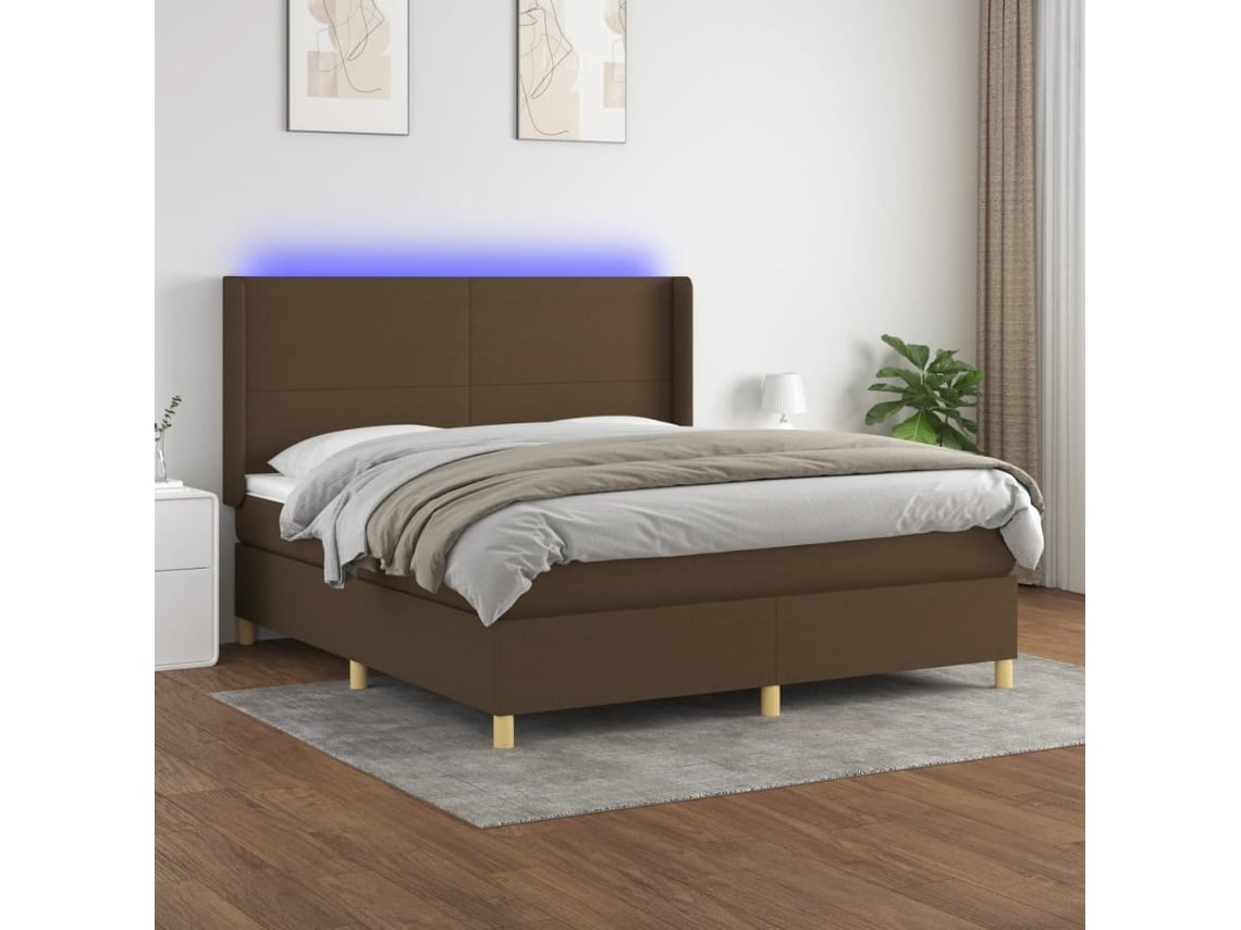 Cama Box Spring Colchón Luces Led Tela Marrón Oscuro 160x200cm