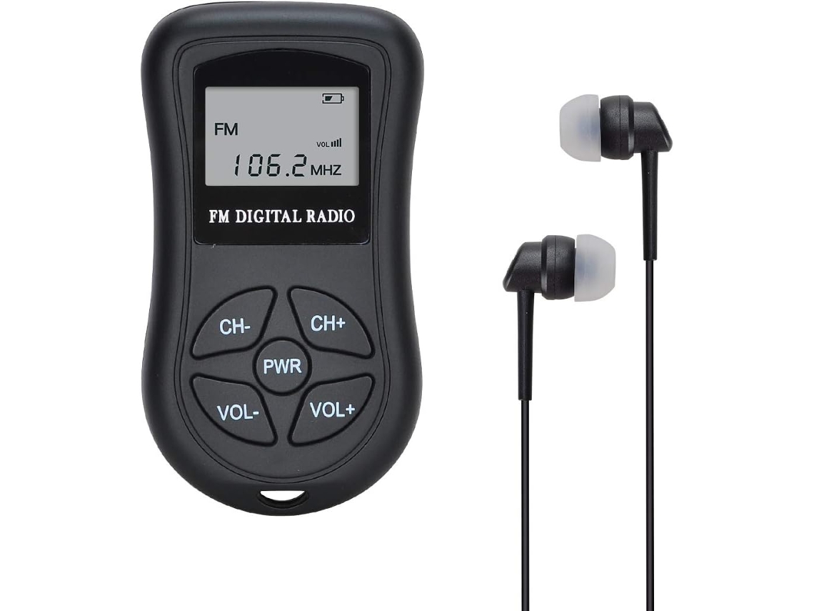 Radio FM portátil a batería - Mini radio estéreo - 60-108 MHz - Receptor de radio FM portátil con DSP, pantalla LCD y auriculares - 107-bk