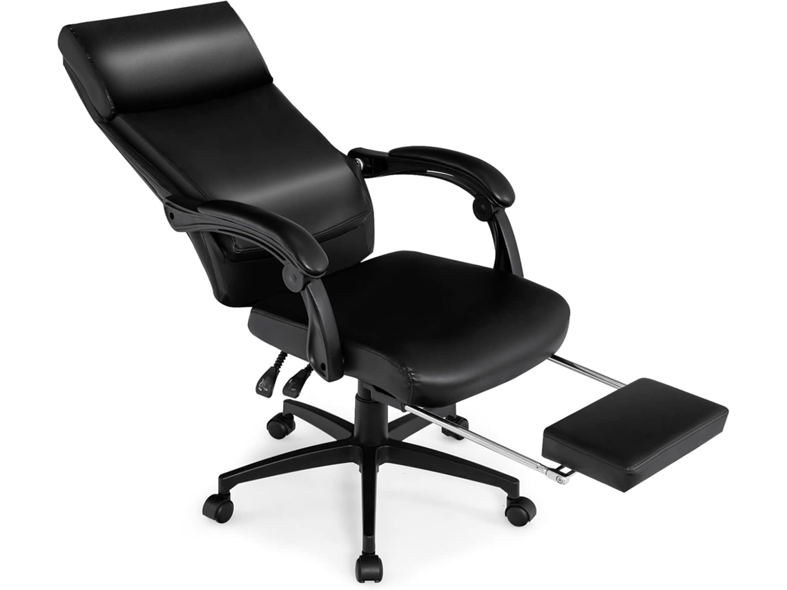 Silla de Oficina Ergonómica, Silla Reclinable de Cuero con Reposacabezas, Reposapiés Retráctil, Silla Gaming COSTWAY