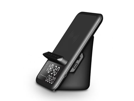 Altavoz Bluetooth Reloj despertador inteligente Calendario Base de carga inalámbrica Soporte para teléfono celular Soporte para radio Negro
