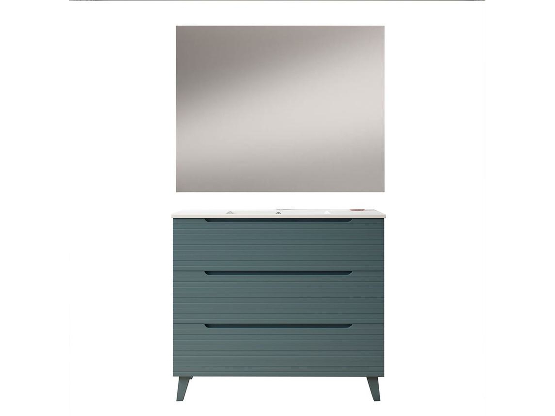 Mueble de baño con Lavabo, Espejo y Aplique LED BOREAL 80x45 cm acabado Azul Oceano mate 3 cajones con patas