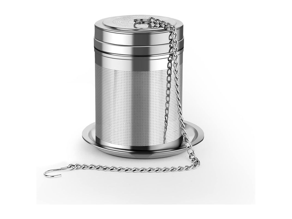 Infusor de té Hoja Suelta de acero inoxidable 2026-304 con cadena y gancho extendidos.