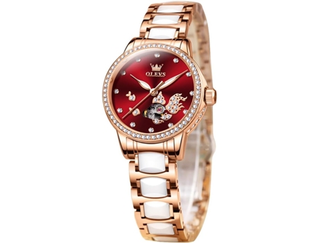 VEANXIN Reloj mecánico automático para mujer Diseño hueco en oro rosa(rojo)