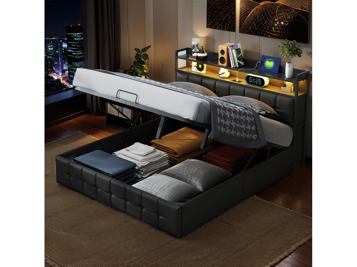 Cama Doble 140 X 200 Cm, Cama Tapizada Con Led, Usb Tipo C Y Espacio De Almacenamiento Para Adolescentes Y Adultos, Negro Pu, Sin Colchón