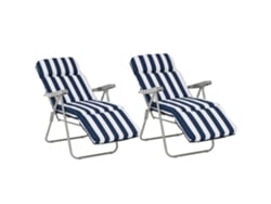 2 Espreguiçadeiras Jardim Dobráveis Aço Almofada Encosto 5 Posições Apoio Pés 60x75x50-102cm Azul Branco