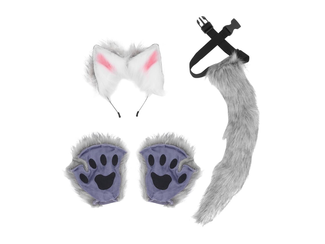 Conjunto Rebe com orelhas, patas e cauda de pelúcia imitando pele de lobo, ideal para cosplay, carnaval e festas. Cinza escuro.