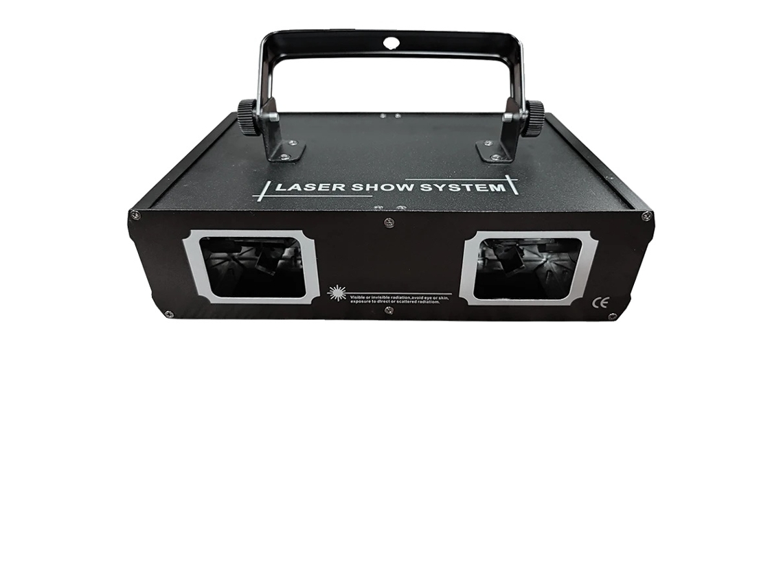 Proyector láser RGB de doble cabezal con control DMX512, color negro, enchufe europeo.