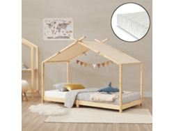 Cama para niños Brome en forma de casa con colchón y techo desmontable madera pino 90 x 200 cm - Natural y Beige [EN.CASA]