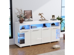 Mesa auxiliar/aparador 140×40×70 cm blanco alto brillo con LED, 3 estantes de cristal templado, diseño moderno para salón