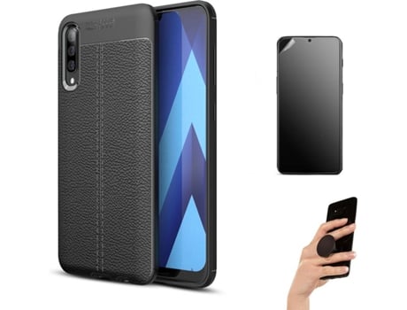 Kit Carcasa Y Protector Samsung A30S Ultimatte Rugged Leather Y Popsocket Negro