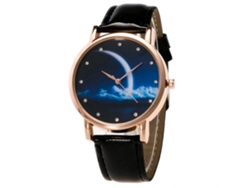 Reloj De Pulsera Con Strass Patrón Luna Nocturna Correa De Cuero Pu Negro