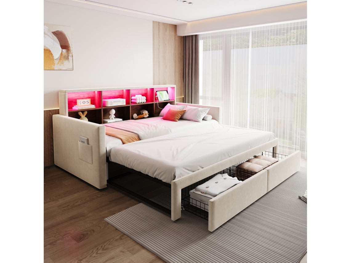 Cama Retráctil 90/180x190 Cm, Poltrona Cama Con Led, Usb, Cabecera Con Almacenaje, 2 Cajones, Terciopelo Beige
