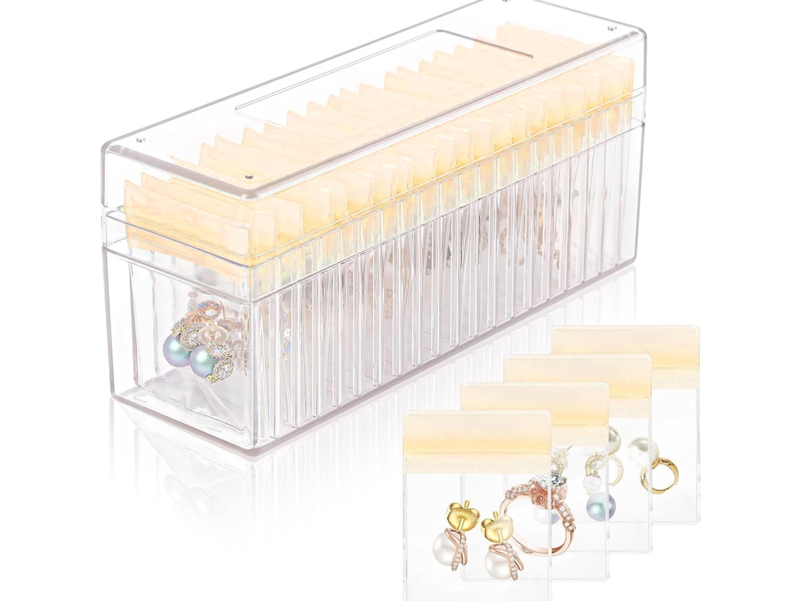 Joyero portátil a prueba de polvo con 20 bolsas transparentes para aretes, anillos y pulseras (amarillo) Cuich