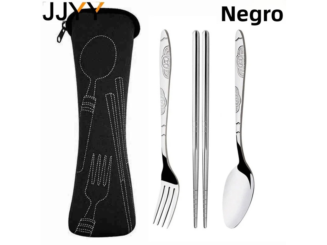 Conjunto de Talheres Portáteis de Aço Inoxidável com Padrão em Relevo e Bolsa para Viagem. MDUG (preto, 3 Peças)