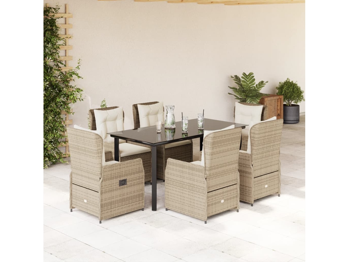 Juego de comedor de jardín de 7 piezas con cojines, mimbre sintético beige, DKD Home Decor