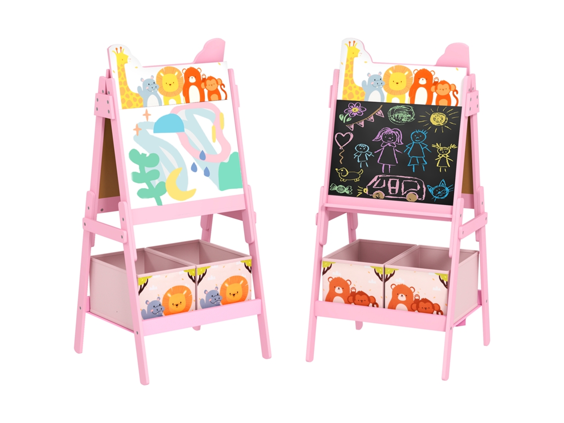 Caballete Infantil De Doble Cara Con 2 Cajas De Almacenamiento, Para Niños De 3 A 8 Años, Color Rosa.
