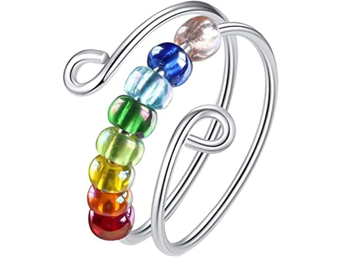 2026-anillo Anti Ansiedad Con Perlas Arcoíris Giratorio, Anillo Fidget Para Mujeres Y Niñas Ajustable