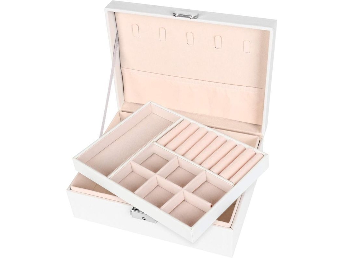 Caja De Joyería Linjou, Organizador De 2 Capas Con Cierre Con Llave, Cuero Pu Blanco