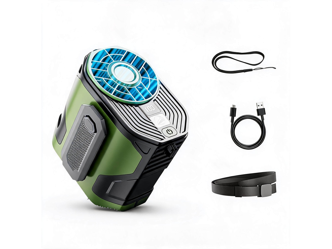 Ventilador Portátil De Cinturón Henten Home De 4000 Mah - Viento Fuerte + Linterna 2 En 1 - Verde