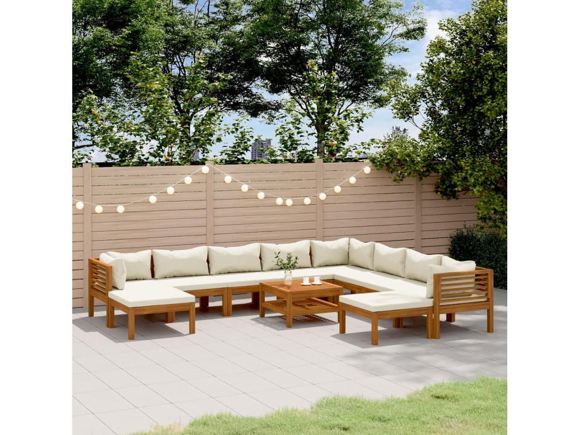 Conjunto Lounge 11 Peças Jardin C/ Almofadões Creme Acacia Maciça Dkd Home Decor