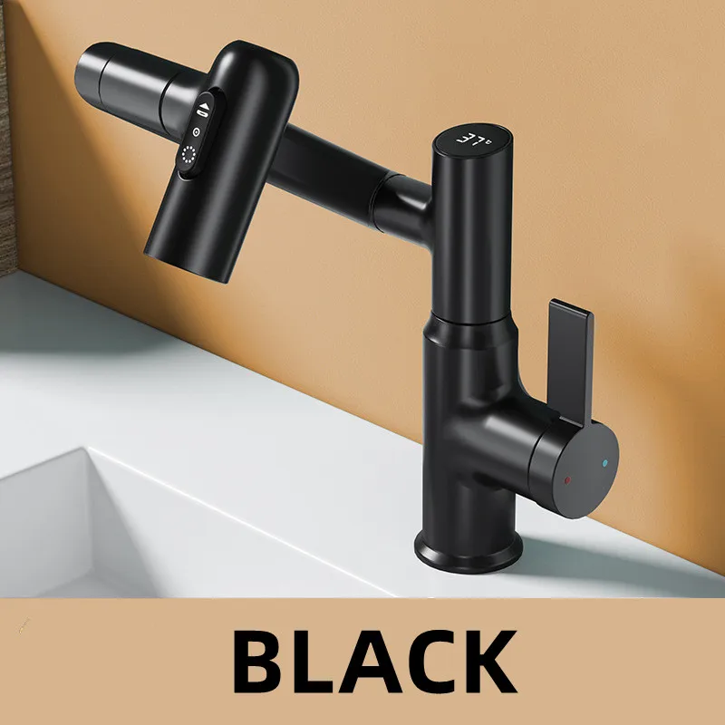 Grifo De Lavabo Con Pantalla Digital Led (negro) Y Cabezal De Ducha Multifuncional Giratorio De 360° Para Mezclar Agua Fría Y Caliente.