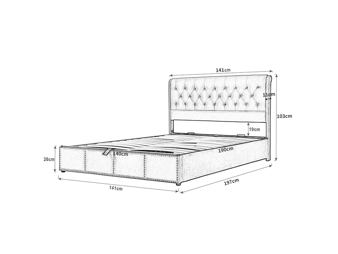 Cama contenedor tapizada en lino - Decorada con remaches - Con somier de láminas - 140x190cm - Gris claro