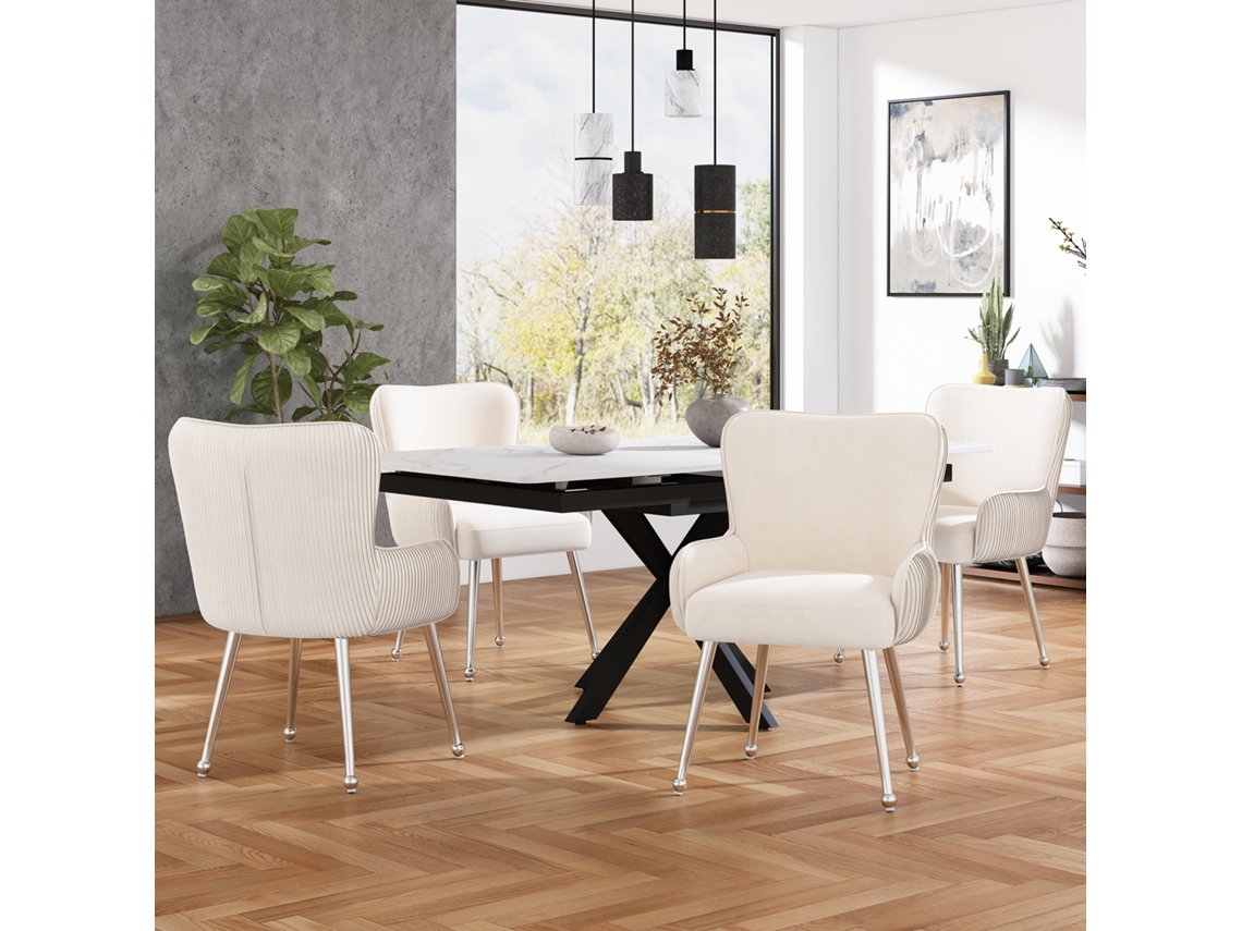 Juego De 4 Sillas De Terciopelo - Con Reposabrazos Y Patas De Metal Plateado - Beige