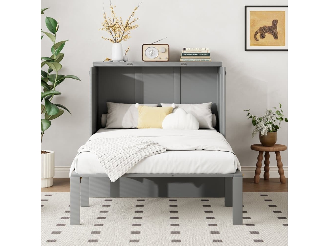 Cama Abatible 90x200 Cm - Cama De Pared Con Somier, Cama Vertical, Para Jóvenes - Gris