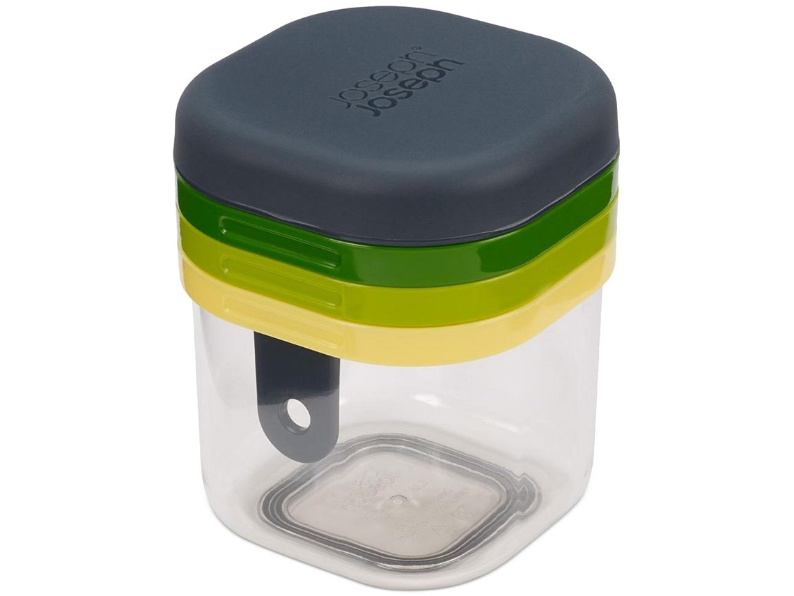 Juego multifuncional 3 en 1 Joseph Joseph Multi Prep: Mini cortador de gajos, rebanador grueso y fino, base antideslizante, tapa con asa de precisión.