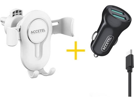 Kit Cargador Auto para Xiaomi Poco F3 ACCETEL SP118 (2.4A - Type C - Blanco y Negro)