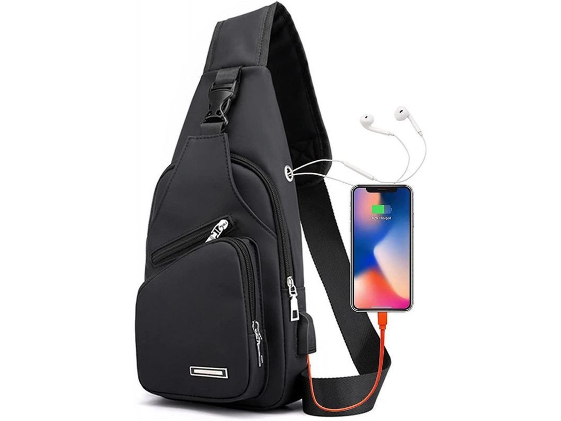 2026-mochila Bandolera Cruzada Impermeable Con Puerto Usb Y Agujero Para Auriculares Unisex Negro