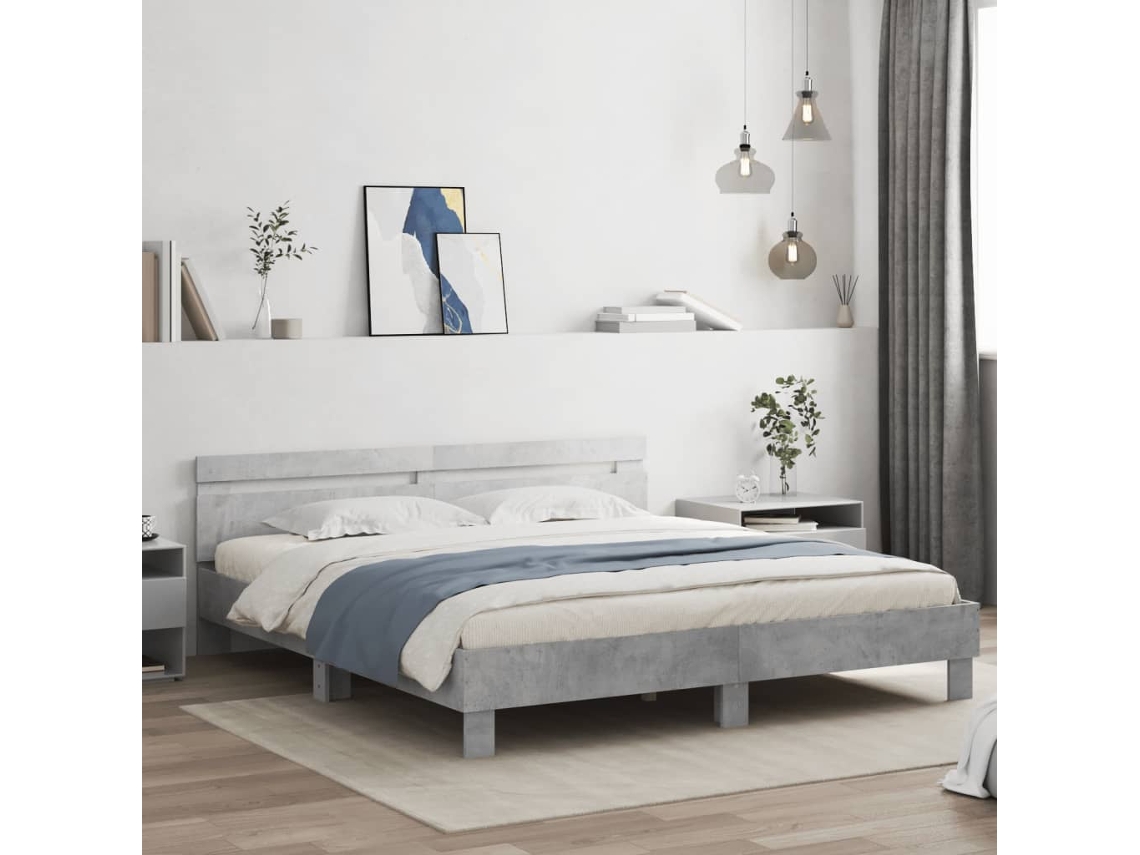 Estructura De Cama Cabecero Y Luces Led Gris Hormigón 180x200cm