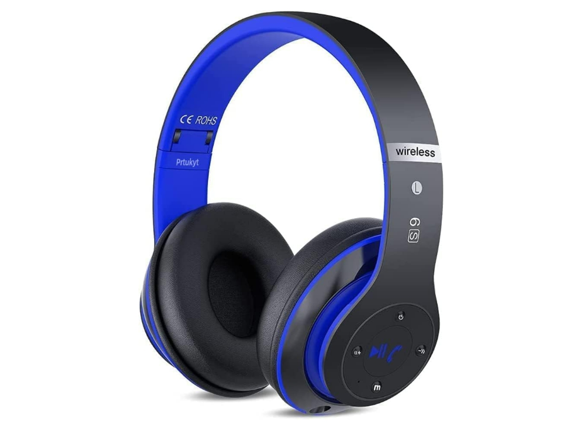 Auriculares inalámbricos Bluetooth supraaurales JIAPEI, plegables, estéreo, con micrófono y control de volumen, color azul.