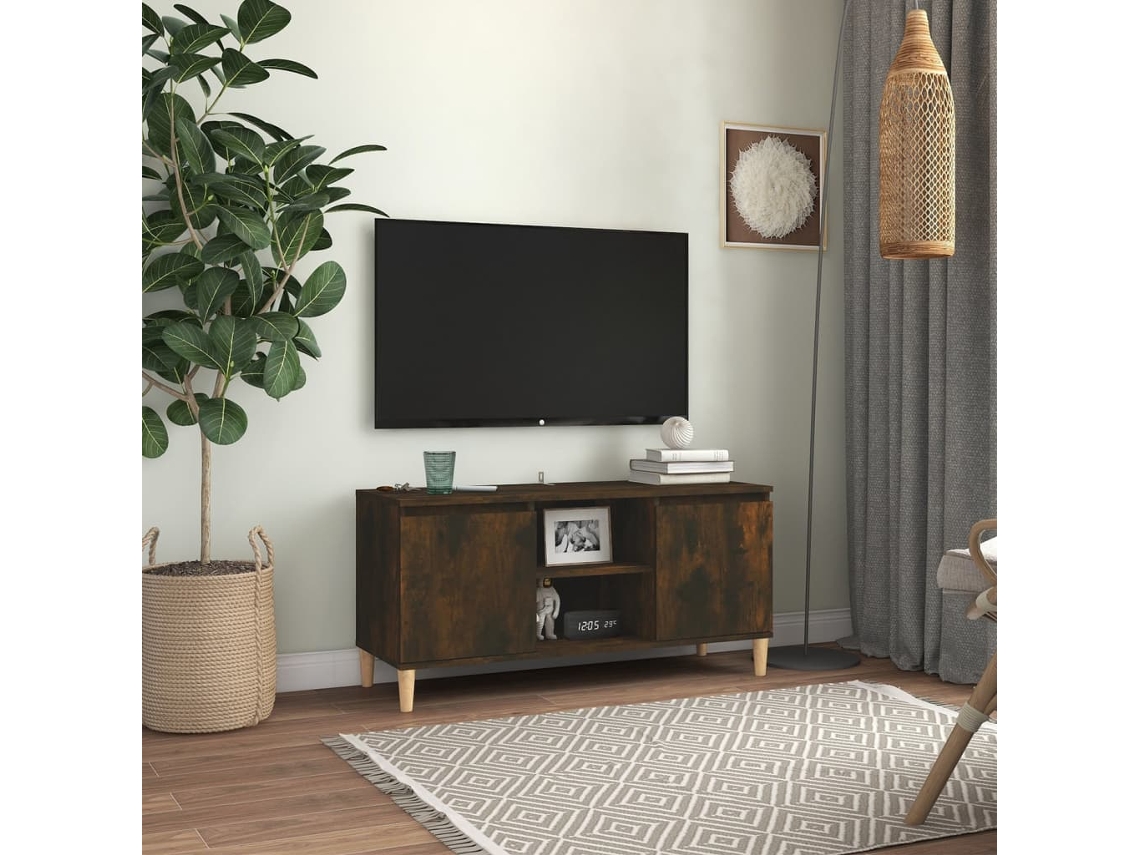 Mueble de Armario Tv Patas Madera Maciza 103,5X35X50Cm Roble Ahumado