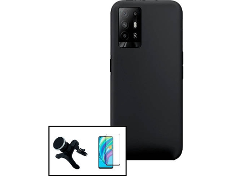 Carcasa + Protector Cristal Templado + Soporte Oppo Reno5 Z PHONECARE Silicona Líquida Negro