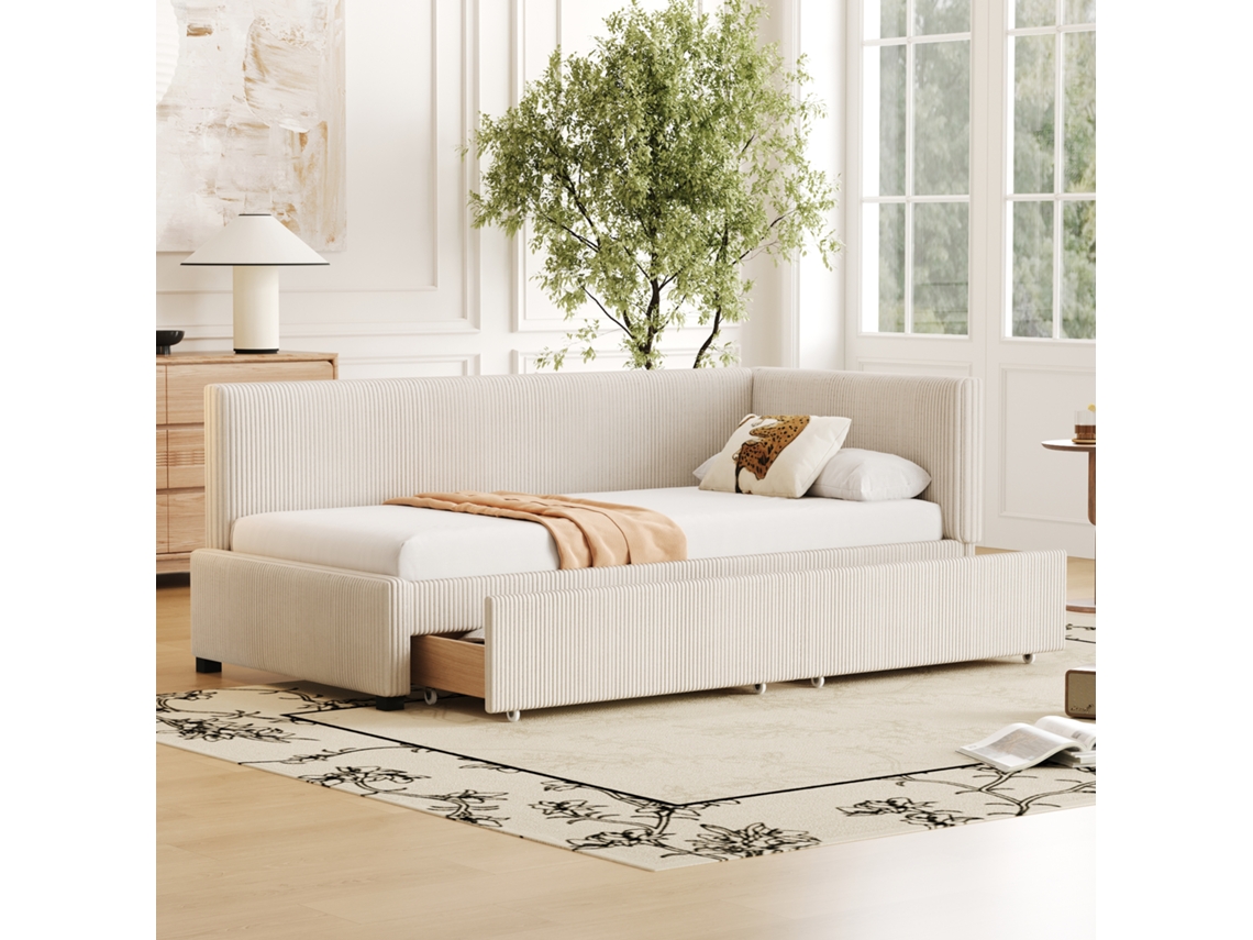 Sofá Cama 90x200 - Multifuncional Con 2 Cajones De Almacenamiento Y Somier - Beige
