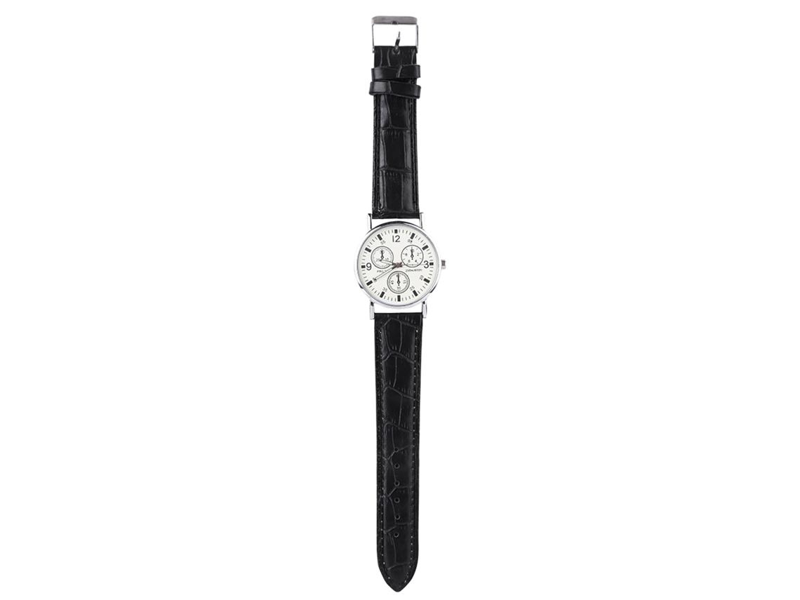Reloj De Pulsera Electrónico Analógico Con Cristal Azul Redondo Y Correa De Pu Negra, Esfera Blanca.