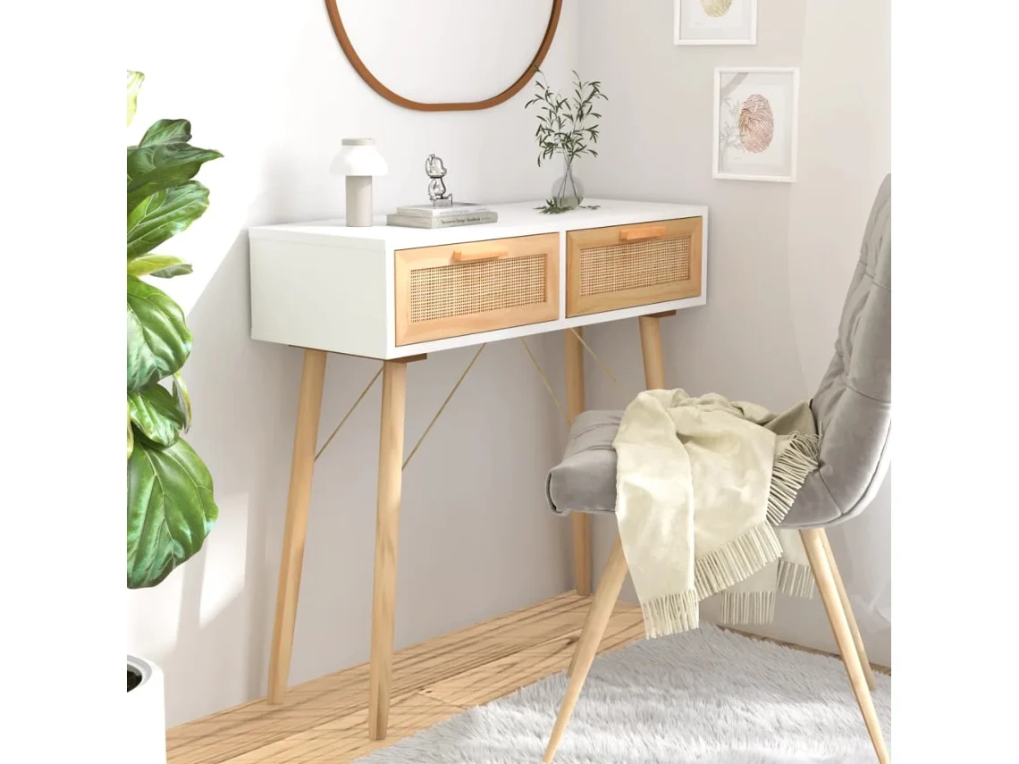 Consola de pino macizo y mimbre blanco natural de 80 x 30 x 75 cm, DKD HOME DECOR