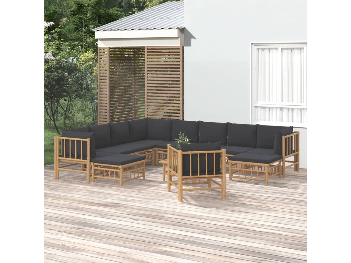 12 unidades Conjunto. Lounge De Jardim Bambu C/ Almofadões Cinza Escuro Dkd Decoración Del Hogar