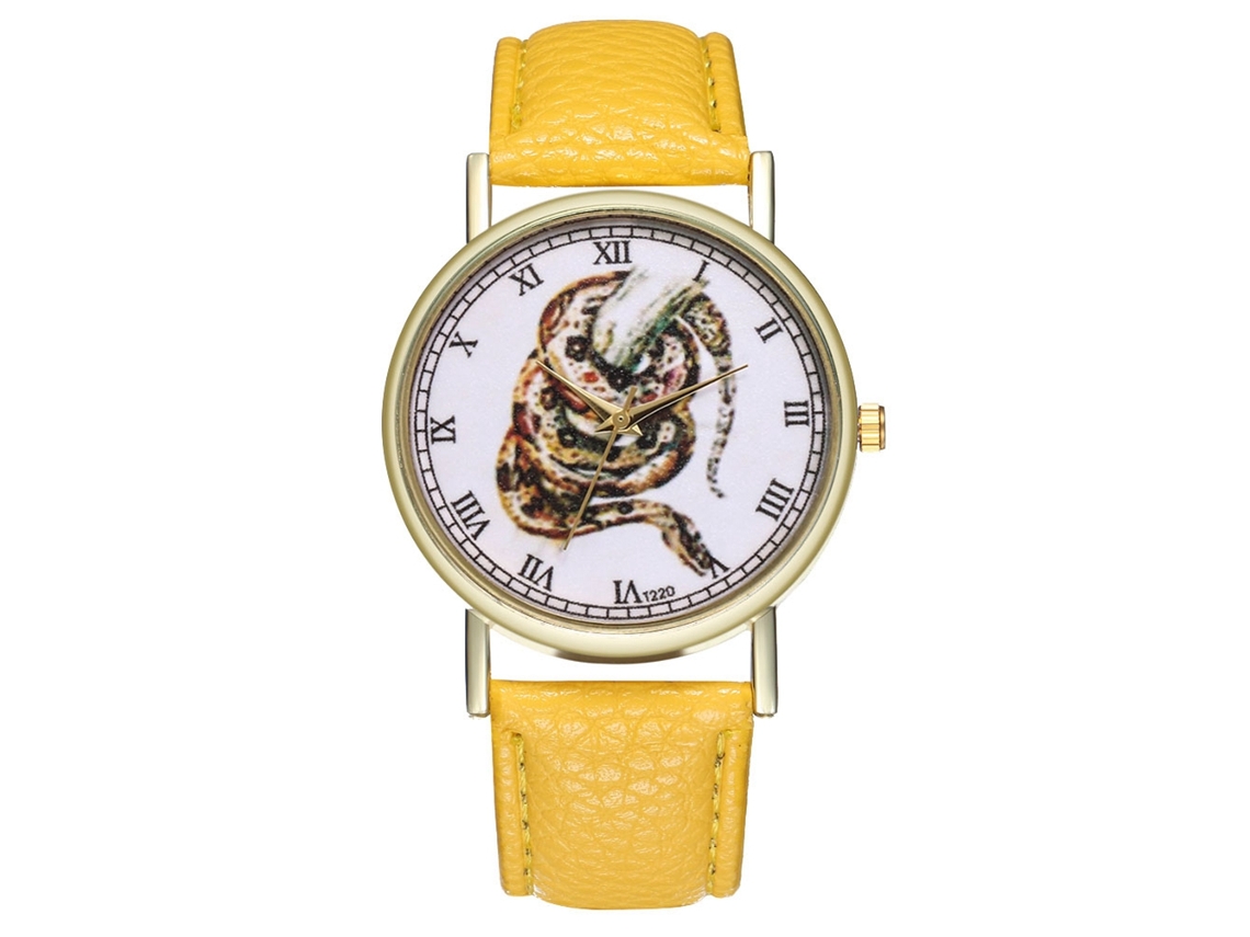 Reloj De Pulsera Unisex Informal De Cuarzo Con Cubierta De Cuero Sintético Y Esfera Redonda Amarilla.