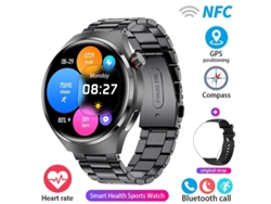 Smartwatch Yunzii Watch4gt4 con esfera redonda, resistente al agua, diseño negro, correa de silicona y pulsera de acero negra.