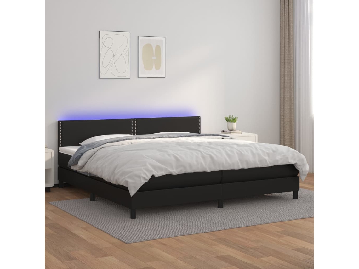 Cama Box Spring Colchón Y Led Cuero Sintético Negro 200x200 Cm