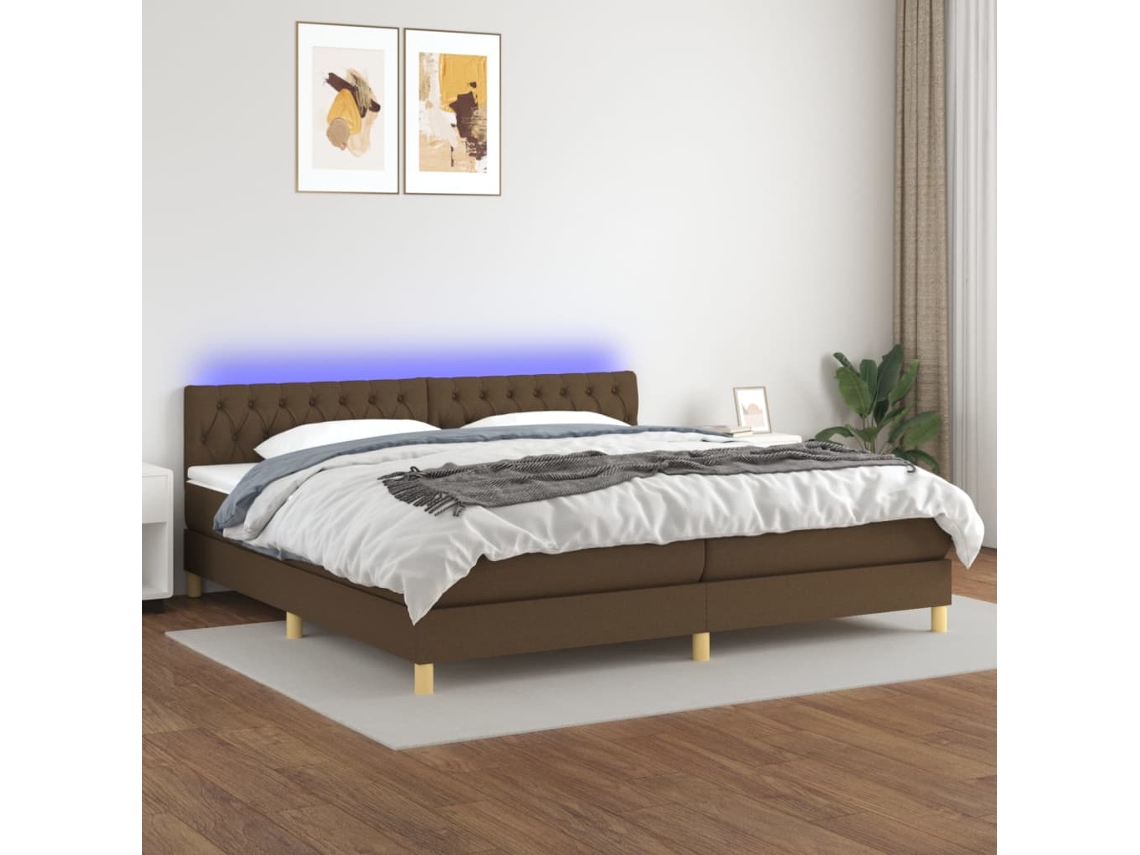 Cama Box Spring Con Colchón Led Tela Marrón Oscuro 200x200 Cm