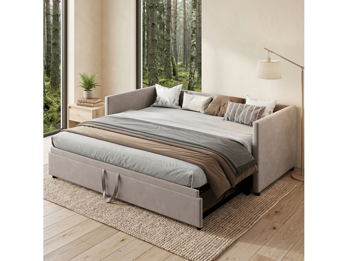 Sofás Camadiván Y Sofá Cama 90/180x200 Cm, Estructura De Cama Tapizada En Terciopelo, Cama Individual Extensible A Doble Con Apoyabrazos, Gris