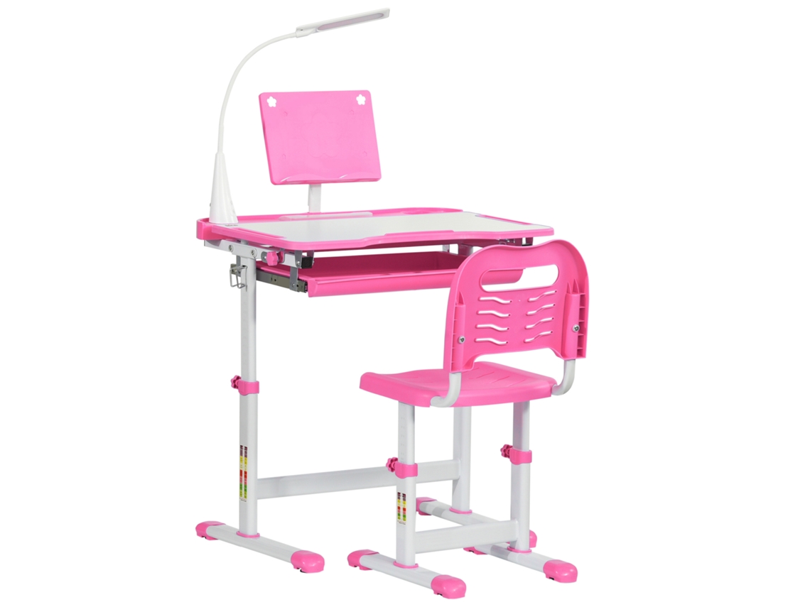 Conjunto de mesa e cadeira infantil, ajustável, com mesa inclinável, luminária, gaveta, estante, rosa | S/MARCA