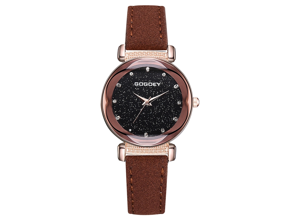 Reloj De Pulsera Para Mujer Con Esfera De Cielo Estrellado, Piedras Brillantes Y Correa De Pu Marrón.