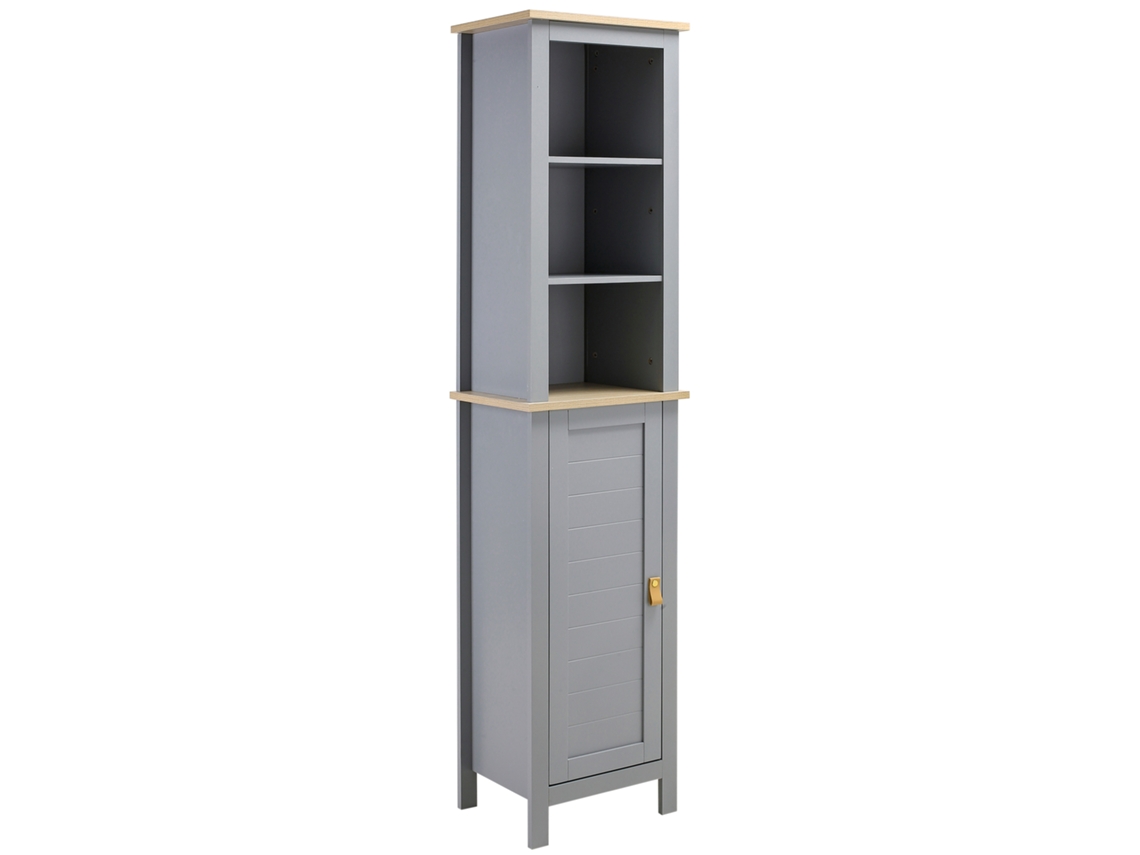 Armario alto de baño Kleankin con columna estrecha, 1 puerta, estante ajustable y 3 compartimentos abiertos, 39x30x168 cm, gris.