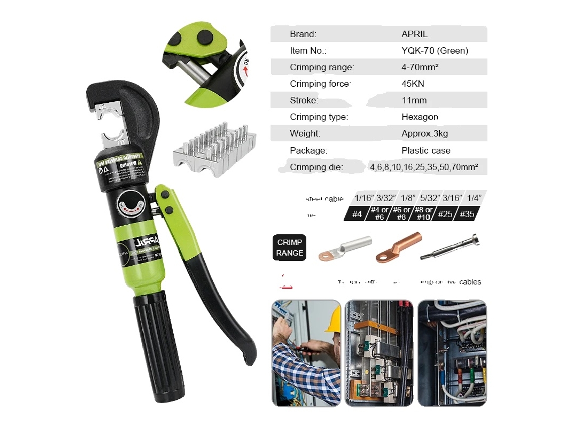 Herramienta de crimpado hidráulica April, rango de crimpado de 4,70 mm², fuerza de crimpado de 45 kN, YQK 70 Green OEM