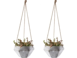 Juego De 2 Macetas Colgantes De Cemento Con Cuerda De Caña Ajustable Para Plantas De Interior (8x13cm)