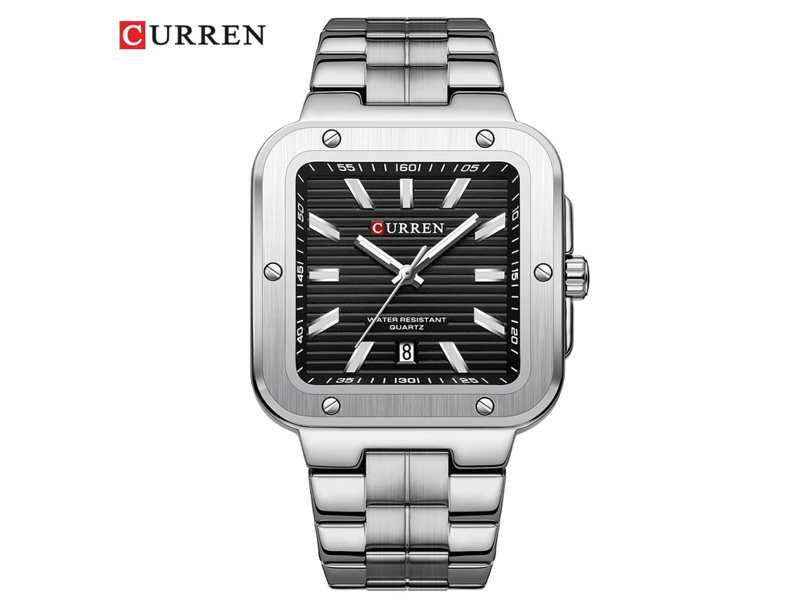 Reloj De Pulsera De Cuarzo Para Hombre (plateado Y Negro) Con Correa De Acero Resistente Al Agua, Esfera Cuadrada Grande Y Calendario.